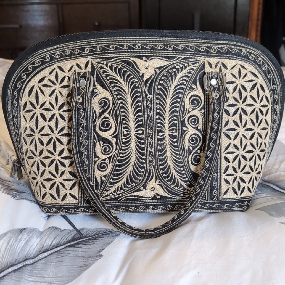 Embroidered Black and Cream Handbag